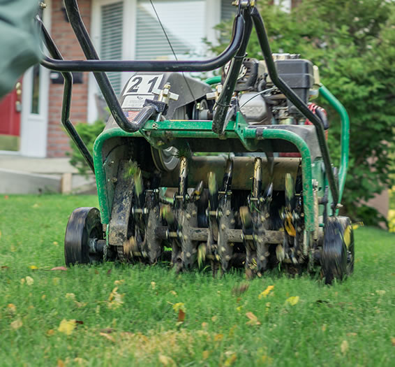 Lawn Aeration in the Spring. Breaking up the hard soil with an Aeration machine.